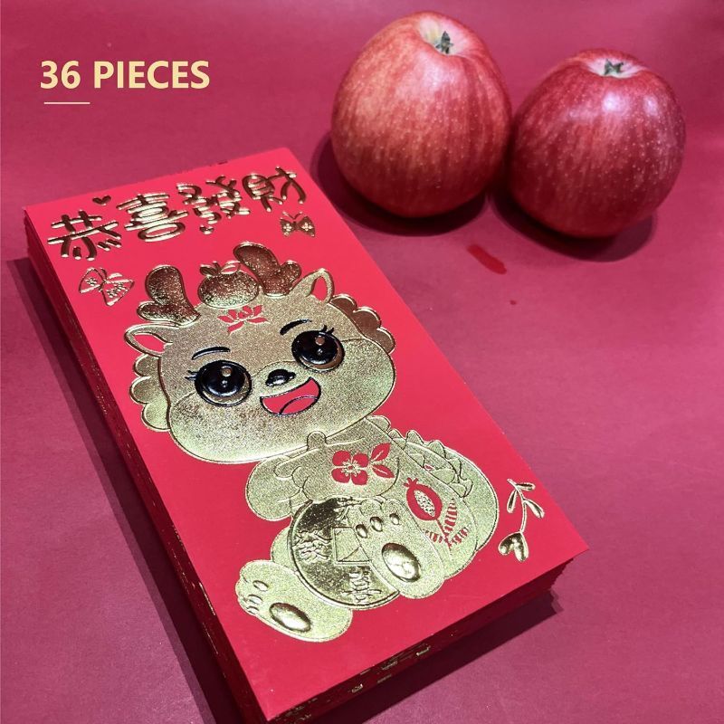 Photo 1 of * 2 PACK * 36Pcs Red Envelopes Chinese New Year of The Dragon, Lunar Chinese New Year Red Envelopes 2024, Lucky Money Red Packets Hong Bao with 6 Cute Gold Foil Dragon Designs for Spring Festival, Large