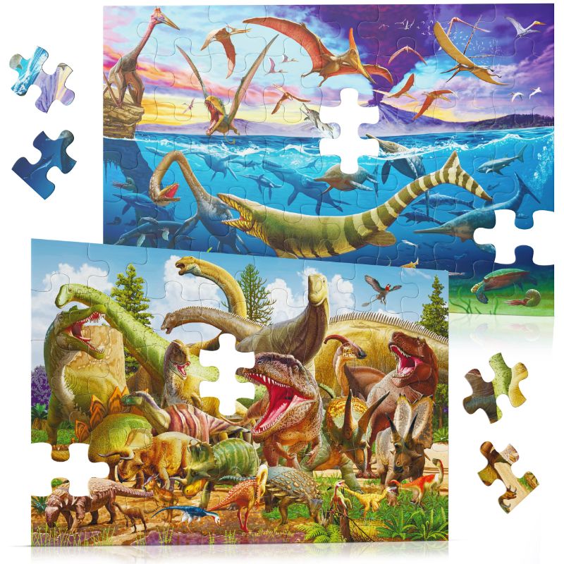 Photo 1 of 2-in-1 Set Large Dinosaur Floor Puzzles 48 pcs (3x2 ft Each) - 46 Dino Species Dinosaur Puzzles for Kids Ages 3-5 4-8 - Jumbo Jigsaw Educational Kids Puzzles - Gift Box