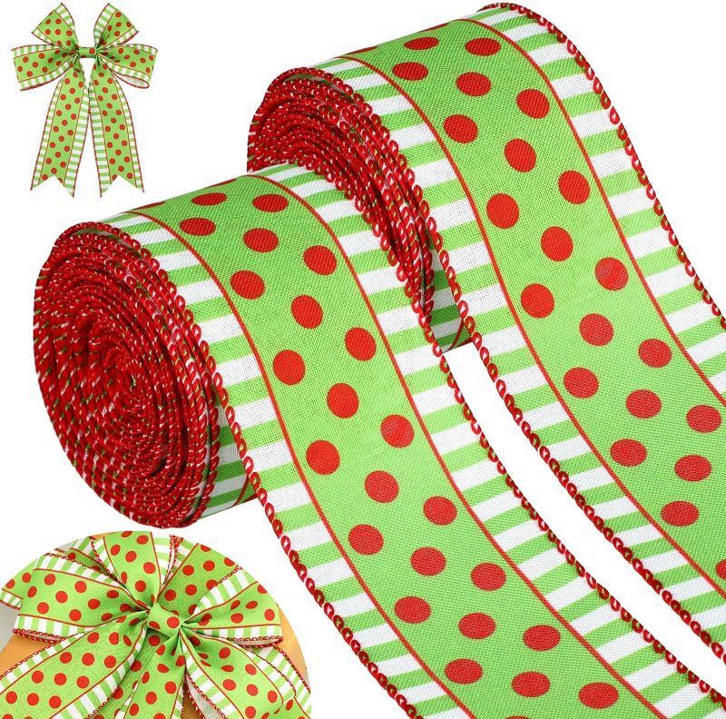Photo 1 of  Christmas Ribbon Spiral Wired Dots with Stripes Wired Wrapping Colorful Fabric Ribbon Xmas Decorative Ribbons for Christmas Decor Supplies 2.5 Inch * NO RETURNS * 