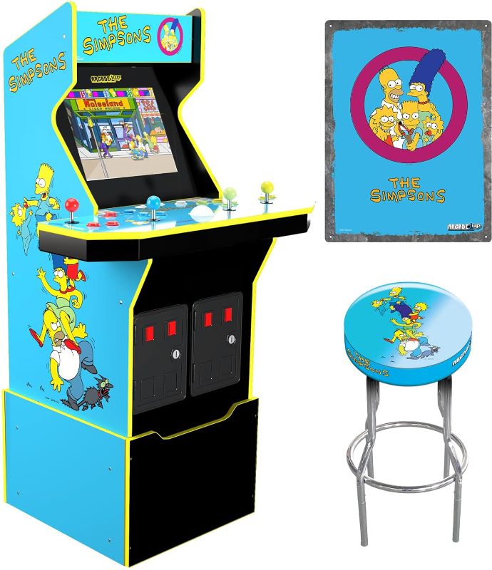 Photo 1 of Arcade1Up The Simpsons Arcade Machine, 4-Foot — 4 Player Arcade Game Machine for Home, Live WiFi Enabled — Includes Custom Arcade Game Riser, Adjustable Stool, Light-Up Marquee, and Tin Wall Sign