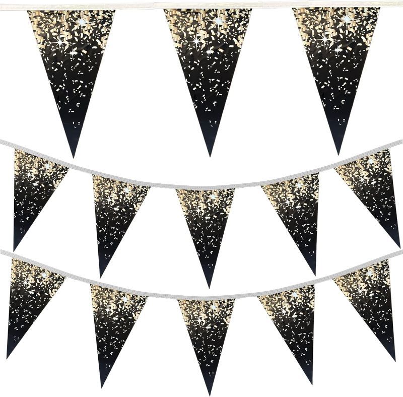 Photo 1 of * SET OF 2, NO RETURNS * 100FT New Years Eve Banner Flags | Black and Gold Banner for New Years Party | Large 18" Pennant Banner New Years Eve Party Decorations | Garland, Bunting Flag Banner Anniversary Decorations |BASHOUT