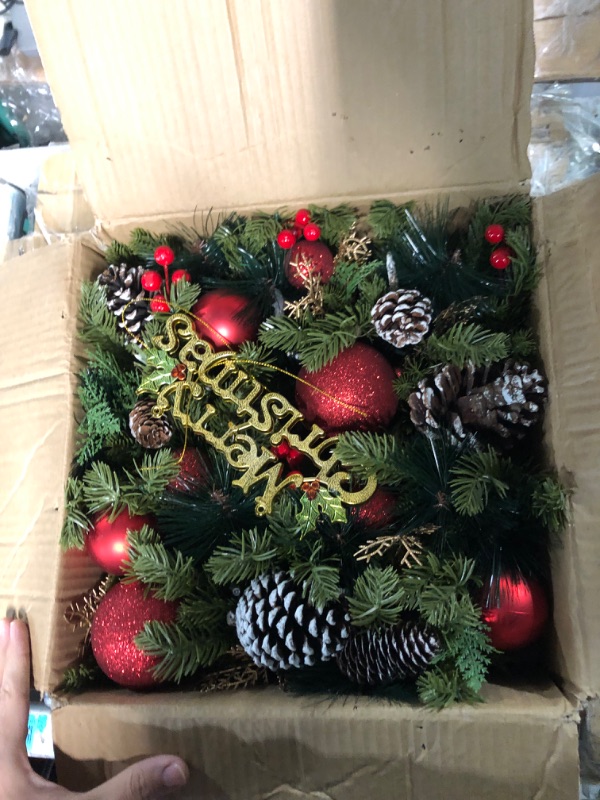 Photo 2 of [ Realistic Feel & Timer ] Prelit Christmas Wreaths for Front Door with 40 Lights ''Merry Christmas'' Thick Tips Balls Glitter Cypress Leaves Berries Pinecones Double Frame Xmas Wreath Home 16 Inch