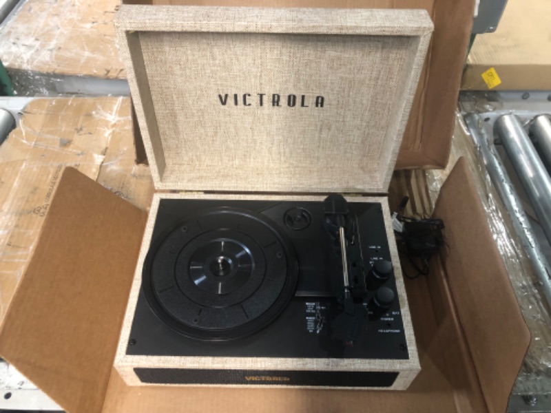 Photo 4 of Victrola Journey+ Signature Turntable Record Player - 33-1/3, 45 & 78 RPM Suitcase Vinyl Record Player, Bluetooth Connectivity & Built-in Speakers, Stereo RCA Output, Linen Finish, Cream