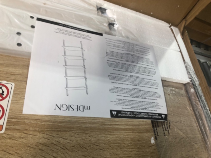 Photo 1 of mDesign 5-Tier Leaning Ladder Bookshelf - Rustic Ladder-Style Shelf Bookcase - Decorative Slanted Storage Rack w/Composite Wood Shelves for Bathroom, Living Room - Ladder Shelves - White/Modern Oak