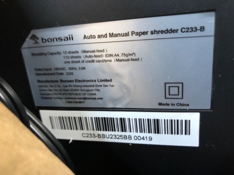 Photo 5 of Bonsaii Office Paper Shredder, 110-Sheet Autofeed Heavy Duty Paper Shredder, 30 Minutes Micro Cut Home Office Shredders with 4 Casters, P-4 Security Level&6.1 Gallon Large Bin (C233-B) 1 10 Sheet-Autofeed-New