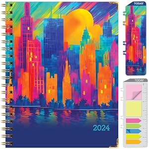 Photo 1 of HARDCOVER 2024 Planner: (November 2023 Through December 2024) 8.5"x11" Daily Weekly Monthly Planner Yearly Agenda. Bookmark, Pocket Folder and Sticky Note Set (Rainbow Cityscape) LARGE: 8.5" x 11"