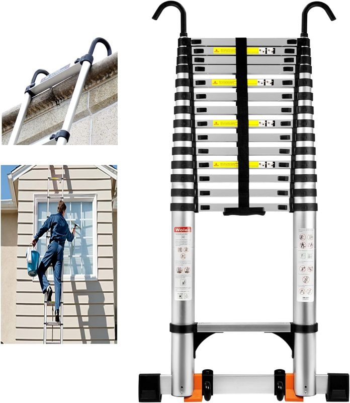 Photo 1 of 19FT Telescoping Ladder with 2 Detachable Hooks,Reinforced Anti-Pinch Telescopic ladders with 2 Triangle Stabilizers, Portable Wheels Non-Slip Balance Bar,Heavy Duty 330lbs Max Capacity