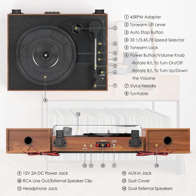 Photo 6 of (READ FULL POST) Record Player for Vinyl with External Speakers, Belt-Drive Turntable Dual Stereo Speakers Vintage LP Support 3 Speed Wireless AUX Headphone Input Auto Stop Music Lover Walnut Red
