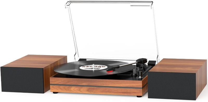 Photo 1 of (READ FULL POST) Record Player for Vinyl with External Speakers, Belt-Drive Turntable Dual Stereo Speakers Vintage LP Support 3 Speed Wireless AUX Headphone Input Auto Stop Music Lover Walnut Red
