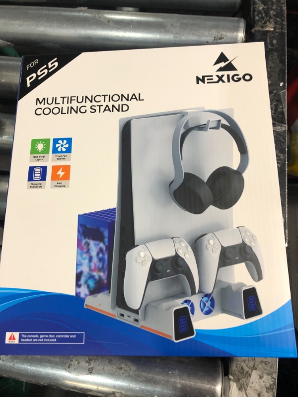 Photo 4 of NexiGo PS5 Slient Cooling Stand with RGB LED Light, Dual Charging Station Compatible with DualSense Edge Controller, Hard Drive Slot, Headset and Remote Holders, 10 Game Slots, White White Standard