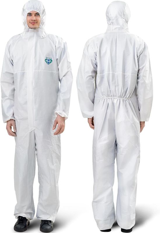 Photo 1 of Medtecs Hazmat Suits - 6 Sizes Options (1 PC) - without Sealed Tape - AAMI Level 4 Disposable Coverall PPE Suit - CoverU Full Body Protective Clothing with Hood | XL