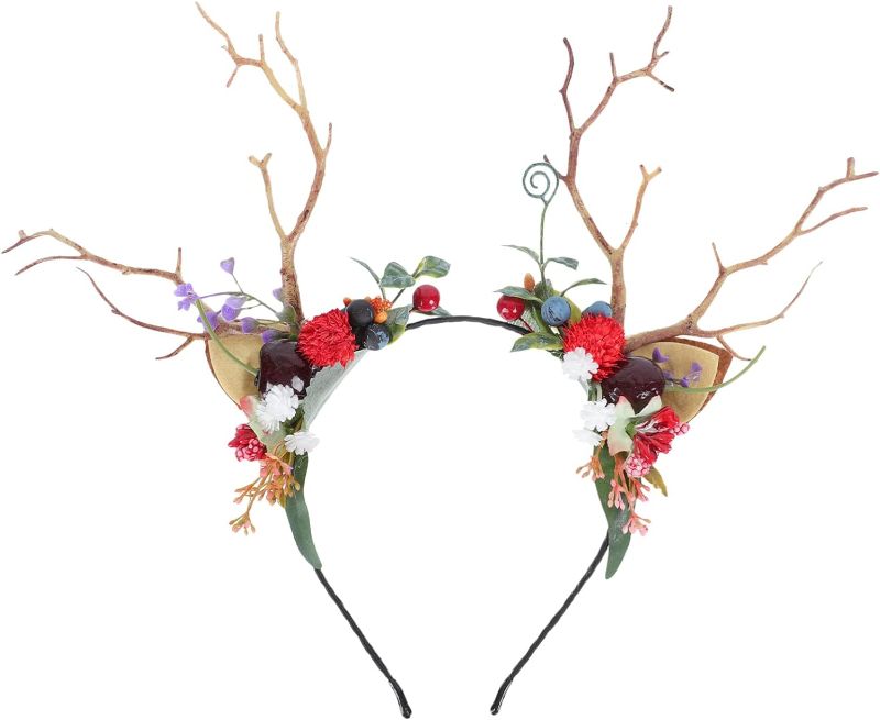 Photo 1 of FOMIYES Reindeer Antler Headband, Christmas Headband, Long Deer Antler Hairband Fawn Horn Hair Hoop Forest Animal Headpiece Goddess Flower Crown Headdress Photo for Halloween Chritmas Cosplay