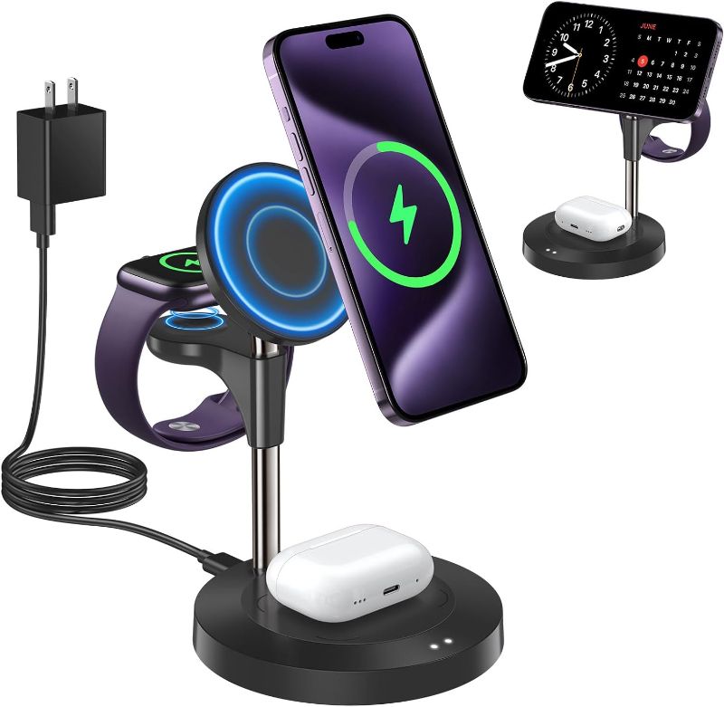 Photo 2 of 3 in 1 Wireless Charging Station for Multiple Devices Apple, Aeinidi 15W Fast Mag-Safe, Magnetic Charger Stand for iPhone 15 14 13 12 Pro Max/Plus/Pro/Mini, Apple Watch, AirPods Pro 3 2, Black