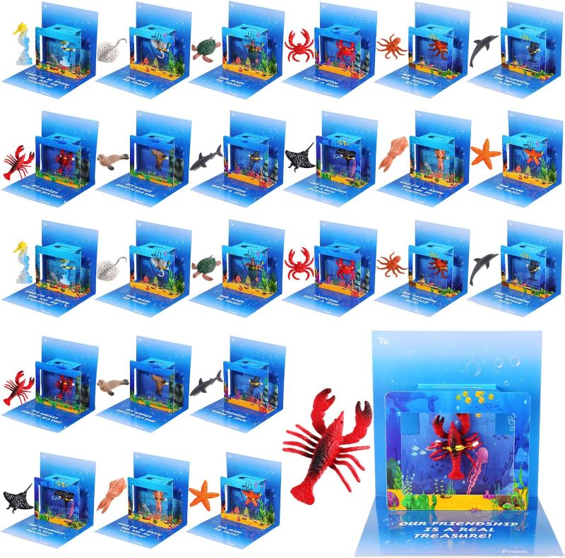 Photo 1 of  3D Valentines Day Gift Cards with Sea Animal Plastic Toys Funny Valentine Classroom Exchange Prize Valentines Ocean Creature Cards with 12 Different Ocean Toy (Interesting)