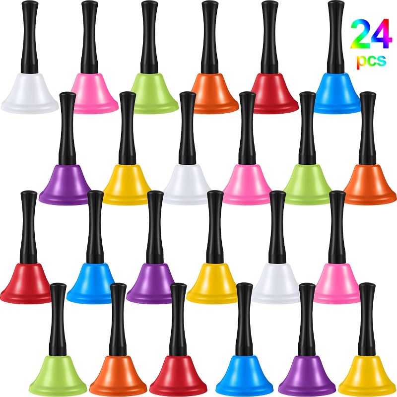 Photo 1 of 24 Pieces Metal Steel Hand Bell Call Service Hand Bells Colorful Note Handbell with Black Wooden Handles for School Dinner Calling Decor, 8 Colors (2.95'' in Dia)