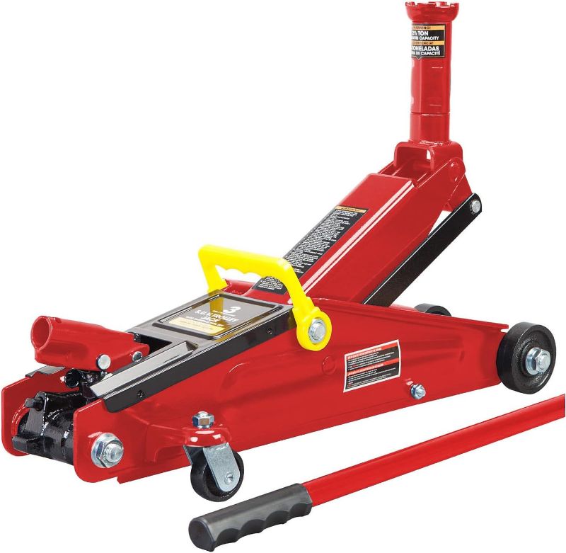 Photo 1 of Bundle of BIG RED T83006 Torin Hydraulic Trolley Service/Floor Jack with Extra Saddle, 3 Ton (6,000 lb) Capacity + BIG RED T43202 Torin Steel Jack Stands, 3 Ton (6,000 lb) Capacity, 2 Stands Red + Jack Stands