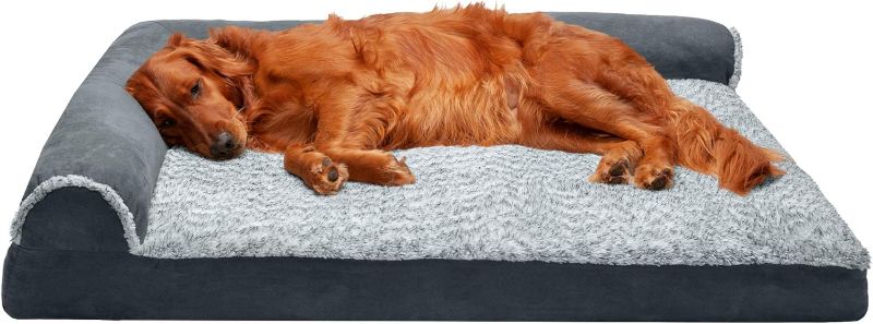 Photo 1 of Furhaven Orthopedic Dog Bed for Large Dogs w/ Removable Bolsters & Washable Cover, For Dogs Up to 95 lbs - Two-Tone Plush Faux Fur & Suede L Shaped Chaise - Espresso, Jumbo/XL