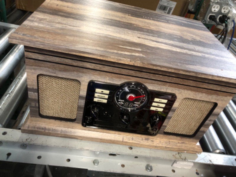 Photo 3 of **NO WOODEN BASKET/ FOR PARTS ONLY / DOES NOT WORK Victrola Nostalgic 6-in-1 Bluetooth Record Player & Multimedia Center & Cassette Player, AM/FM Radio | Wireless Music Streaming | Farmhouse Shiplap Grey & Wooden Record Crate, Wood Color Farmhouse Shiplap