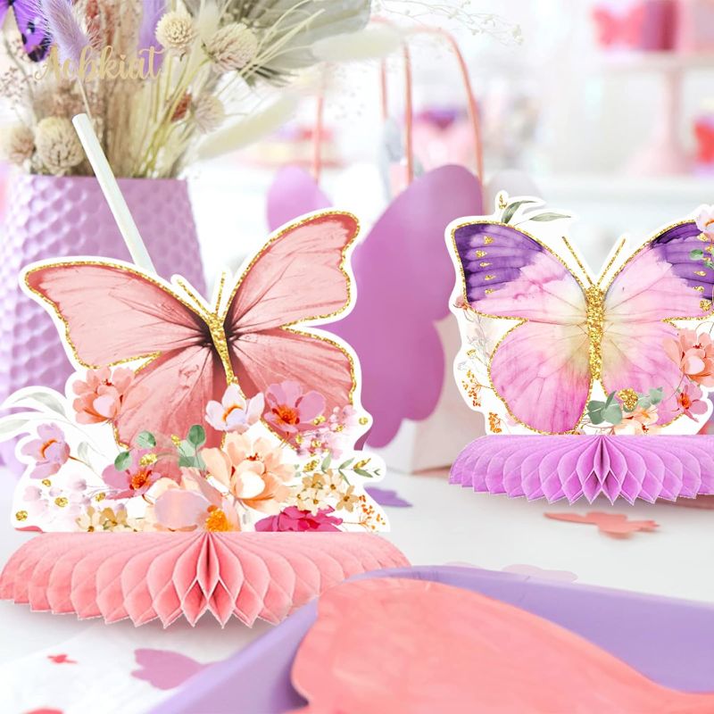 Photo 1 of **BUNDLE OF 2 AOBKIAT Butterfly Girls Birthday Party Decorations,9-Pieces Glitter Honeycomb Centerpieces for Tables for Baby Shower,Wedding,Butterfly Themed Table Toppers,Spring Summer Garden Party