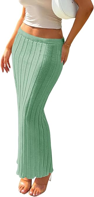 Photo 1 of Fisoew Women's Rib Knit Maxi Skirt Casual Bodycon Stretchy Low Waist Hips-Wrapped Skirts