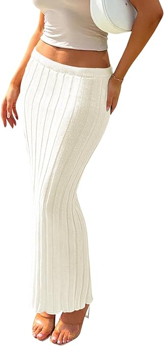 Photo 1 of Fisoew Women's Rib Knit Maxi Skirt Casual Bodycon Stretchy Low Waist Hips-Wrapped Skirts