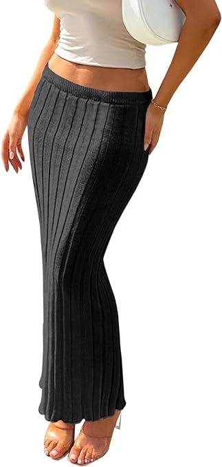 Photo 1 of Fisoew Women's Rib Knit Maxi Skirt Casual Bodycon Stretchy Low Waist Hips-Wrapped Skirts