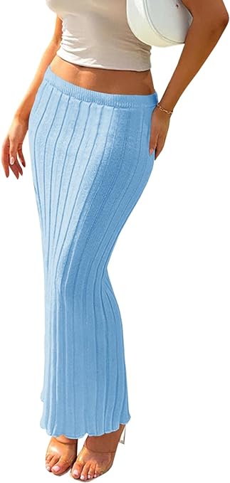 Photo 1 of Fisoew Women's Rib Knit Maxi Skirt Casual Bodycon Stretchy Low Waist Hips-Wrapped Skirts