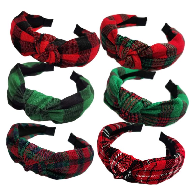 Photo 1 of  6PCs Christmas Knotted Plaid Headbands Fashion Vintage Turban Green Hair Band Retro Wide St. Patrick's Day Headband for Women Girl Christmas Hair Accessories