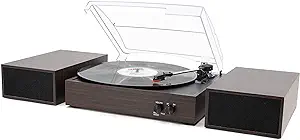 Photo 1 of LP&No.1 Wireless Turntable with Stereo Bookshelf Speakers, 3 Speed Vintage Belt-Drive Turntable with Wireless Playback & Auto-Stop & Wireless Input, Brown Wood
