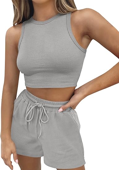 Photo 1 of ZESICA Women's Waffle Knit Sleeveless Crop Top and Shorts Pullover Nightwear Lounge Pajama Set with Pockets Size XL 