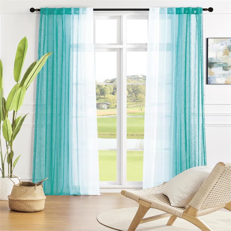 Photo 1 of  Ombre Linen Curtains 95 Inches Long for Bedroom Living Room, Teal and White Semi Sheer Curtains, Light Filtering Curtains, Boho Curtains Farmhouse Drapes, Rod Pocket & Back Tab 2 Panels Set