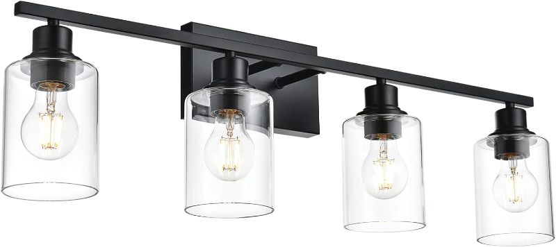 Photo 1 of 2-Lights Black Bathroom Vanity Light Fixtures with Clear Cylinder Glass Shade,Industrial Metal Wall Mounted Lighting Over Mirror