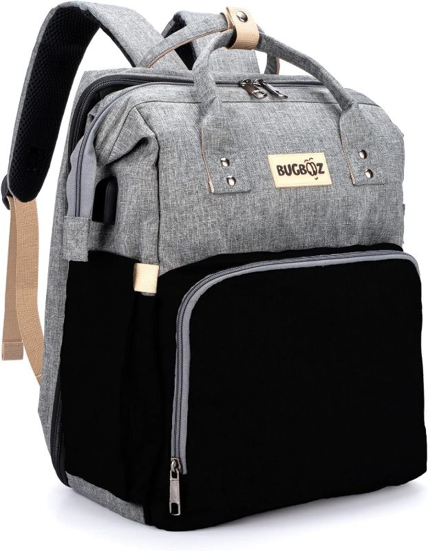 Photo 1 of BUGBOOZ Waterproof Diaper Bag Backpack - Baby Diaper Bag with Changing Station & USB Port - Large Baby Bag with Insulated Pockets for Baby Girls and Boys-Travel Diaper Backpack for Mom (Gray & Black)
