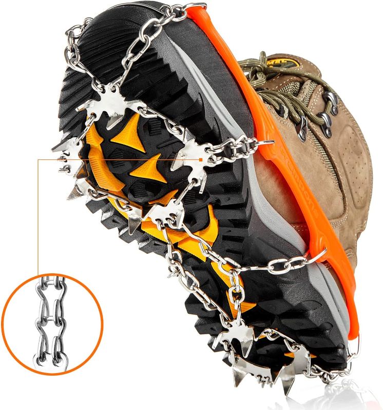 Photo 1 of LECEVOCY Crampons, Ice Cleats for Shoes and Boots, 19 Spikes Stainless Steel Snow Cleats, Boots for Hiking On Ice & Snow Ground, Mountain - MEDIUM 