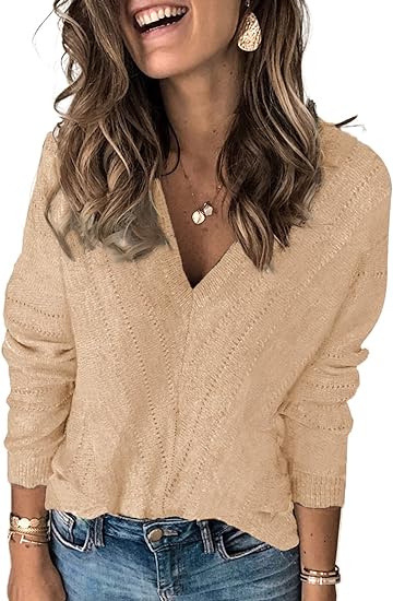 Photo 1 of Elapsy Womens Color Block Striped V Neck Sweater Long Sleeve Pullover Knitted Sweater Small Khaki