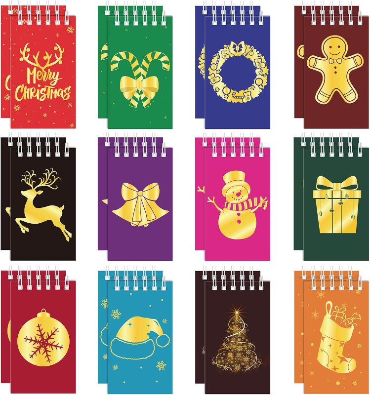 Photo 1 of 48 Pcs Christmas Mini Notebook Small Christmas Notepads Christmas Pocket Notebook Snowman Santa Claus Notepads for Xmas Party Kids Goodie Bag Stuffer Favor Supplies (2.4 x 3.9 Inch,Gold Stamp Style) 