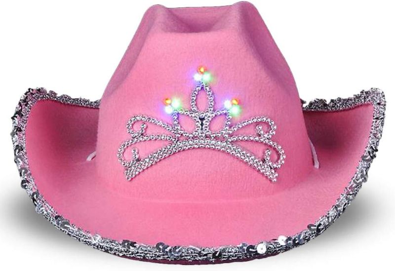 Photo 1 of ArtCreativity Light-Up Pink Cowboy Hat for Girls - Sparkly Cowgirl Hat with Sequins and a Dazzling LED Tiara - Cute Cowgirl Birthday Party Hat for Girls - Fun Shiny Cowgirl Costume Accessory