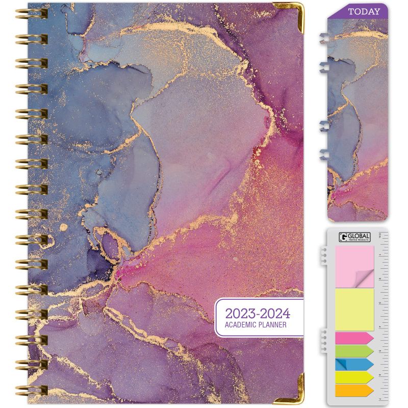 Photo 1 of HARDCOVER Academic Year 2023-2024 Planner: (June 2023 Through July 2024) 5.5"x8" Daily Weekly Monthly Planner Yearly Agenda. Bookmark, Pocket Folder and Sticky Note Set (Pink Purple Marble) MEDIUM: 5.5" x 8"