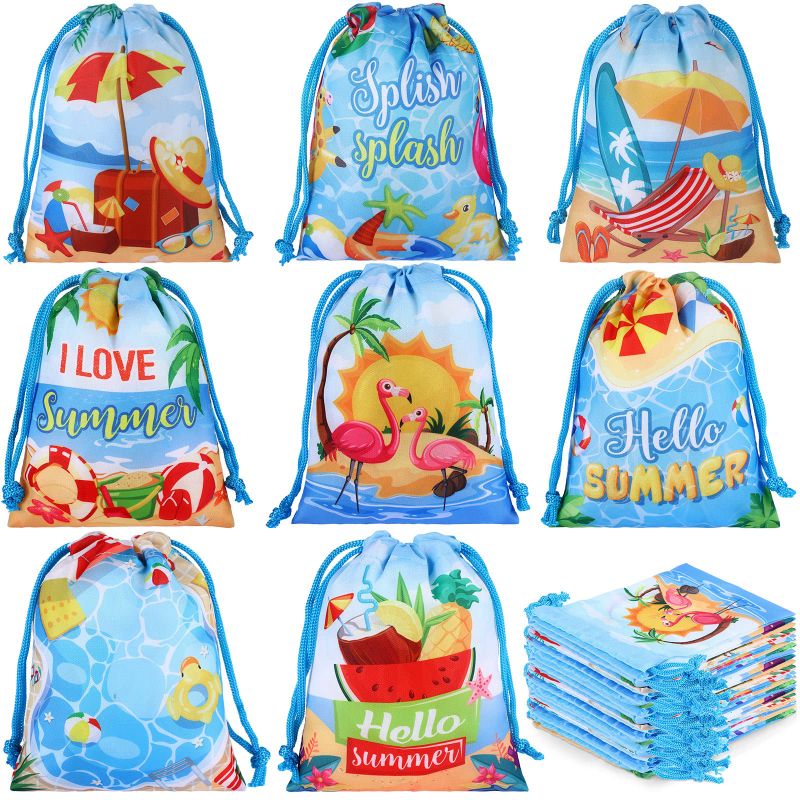 Photo 1 of 24 Pieces Summer Pool Party Drawstring Bags Beach Theme Ball Party Favor Gift Bags Tropical Decorations Supplies for Luau Hawaiian Pool Wedding Birthday Party Baby Shower Candy Goodie Kids