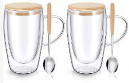 Photo 1 of 2 pack Lallisa Double Wall Glass Coffee Mugs with Bamboo Lid and Spoon 16 oz Insulated Coffee Mug Clear Espresso Coffee Cup Drinkware with Handle Suspended Base for Tea Latte Cappuccino Beverages