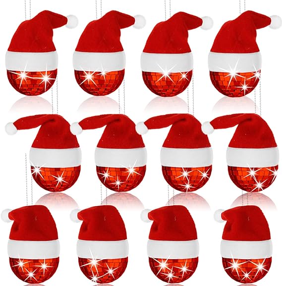 Photo 1 of 12 Pcs Mini Disco Ball Christmas Ornaments Disco Mirror Ball Tiny Disco Ball Bright Reflective Mirror Christmas Balls for Christmas Disco Party Decoration 1.97'' (Red,Ball with Santa Hat) 