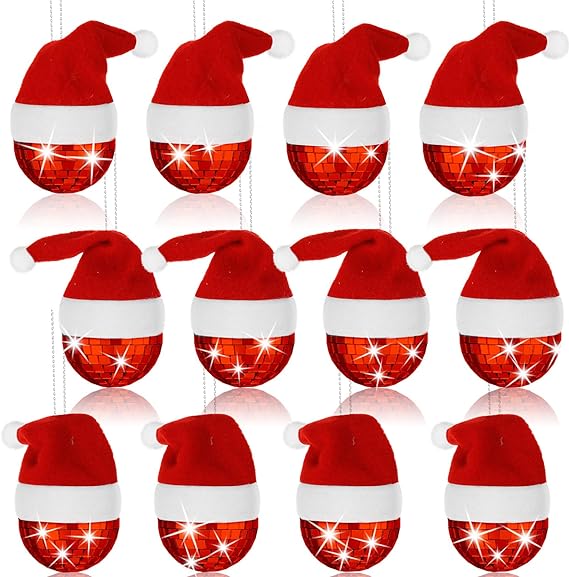 Photo 1 of 12 Pcs Mini Disco Ball Christmas Ornaments Disco Mirror Ball Tiny Disco Ball Bright Reflective Mirror Christmas Balls for Christmas Disco Party Decoration 1.97'' (Red,Ball with Santa Hat)
