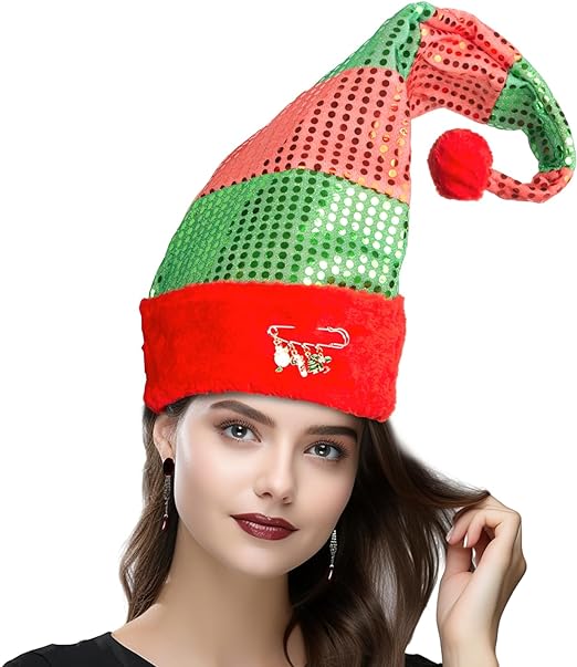 Photo 1 of DomeStar Glitter Elf Hats, Christmas Elf Hats with Brooch Christmas Novelty Hat Christmas Costume Accessories for Christmas Party Photo Booth
