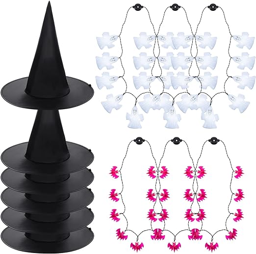 Photo 1 of 12 Pcs Halloween Party Supplies, 6 Halloween Witch Hats and 6 LED Light Up Necklaces, Halloween Pumpkin Ghost Glow Necklaces for Halloween Costume Accessory Party Supplies (Bat and Ghost)