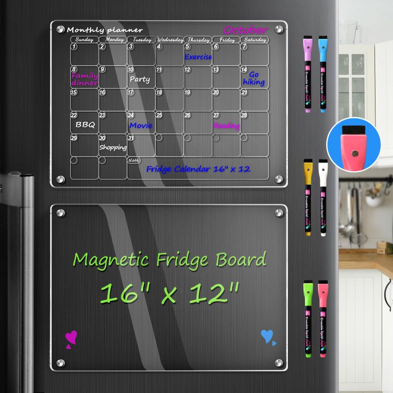 Photo 1 of Healuck Magnetic Calendar for Fridge, Acrylic Magnetic Dry Erase Board for Fridge, 16"x12" Clear Magnetic Dry Erase White Board for Refrigerator Reusable, Includes 6 Markers with 3 Colors Calendar & Memo Acrylic