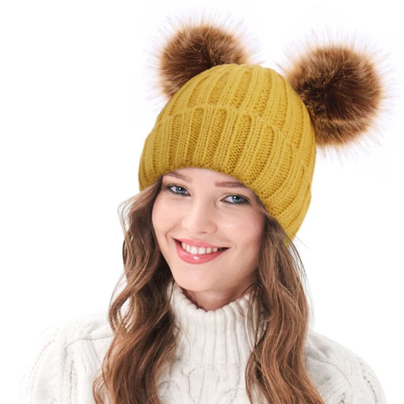 Photo 1 of Arctic Paw Womens Winter Hat Cable Knit Beanie for Women Faux Fur Pompom Ears Yellow