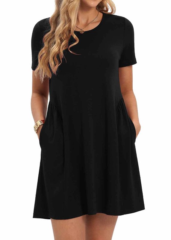 Photo 1 of CHARMYI Tshirt Dresses for Women Casual Summer Dress for Women Tunic Swing Loose Pleated T Shirt Dress for Women with Pockets Large 01 Black