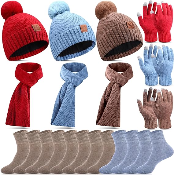 Photo 1 of 15 Pcs Women Knitted Pom Beanie Hats Long Scarf Touchscreen Gloves Set with Plush Lining and Women's Winter Warm Sock