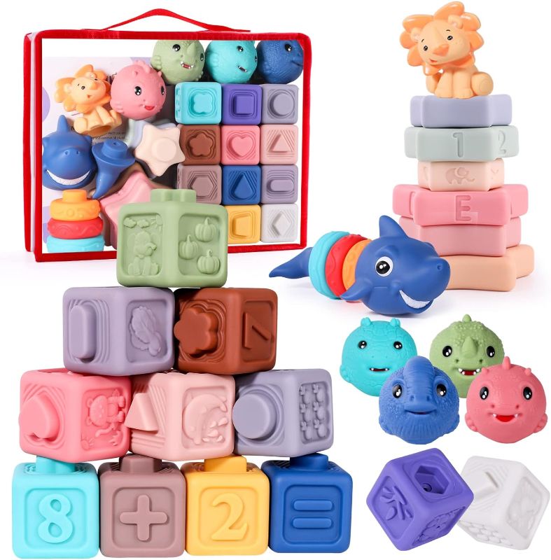 Photo 1 of  4-in-1 Baby Toys Stacking Building Blocks Soft Infant Sensory Teething Toys 1-3-6-9-12 Months Montessori Toys for Toddlers 1-3 Gifts for Newborn Educational Preschool Learning Toys