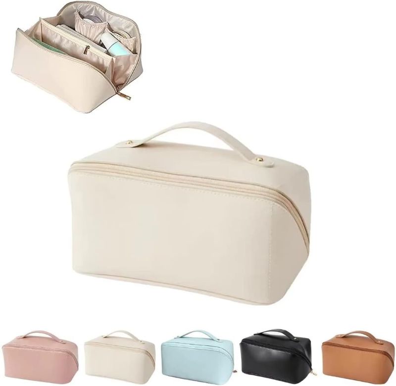 Photo 1 of  Large-Capacity Travel Leather Makeup Bag Cosmetic Bag Waterproof Portable Makeup Case Organizer Toiletry Bag Makeup Box for Skincare Cosmetics Toiletries with Handle and Divider Green 